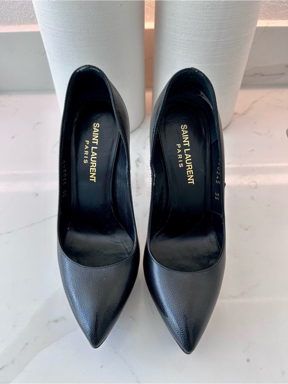 Saint Laurent Black Leather Janis Pointed Toe Pumps - Picture 3 of 6